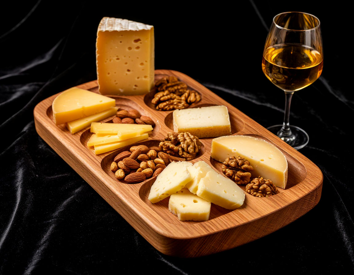 Сыры и орехи на кедровой тарелке